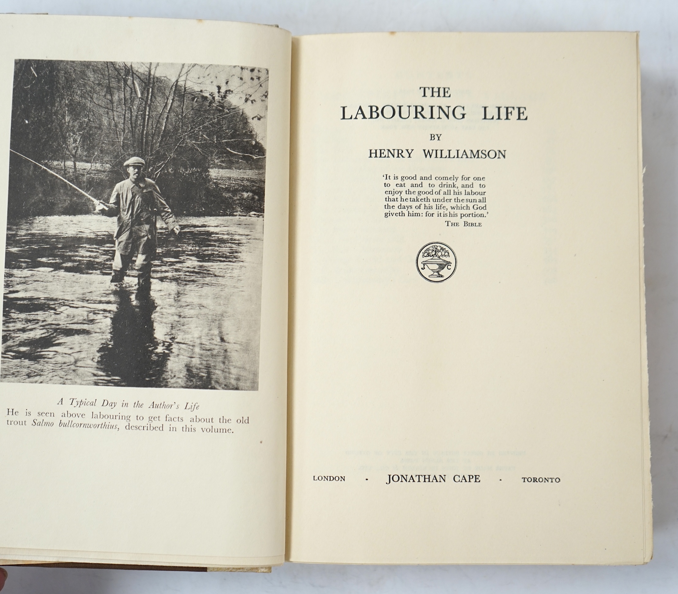 Williamson, Henry - The Labouring Life, Limited Edition (of 122 numbered copies, signed by the author). frontis., pictorial and outline coloured map on e/ps.; original vellum backed gilt cloth, gilt lettered spine and wi